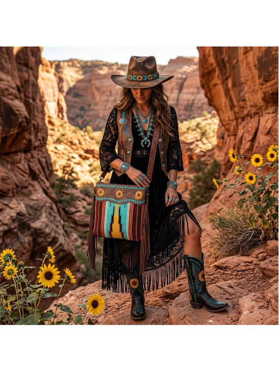 American Darling Handbags - American Darling Sunflower Spirit Fringe Saddle Blanket Crossbody